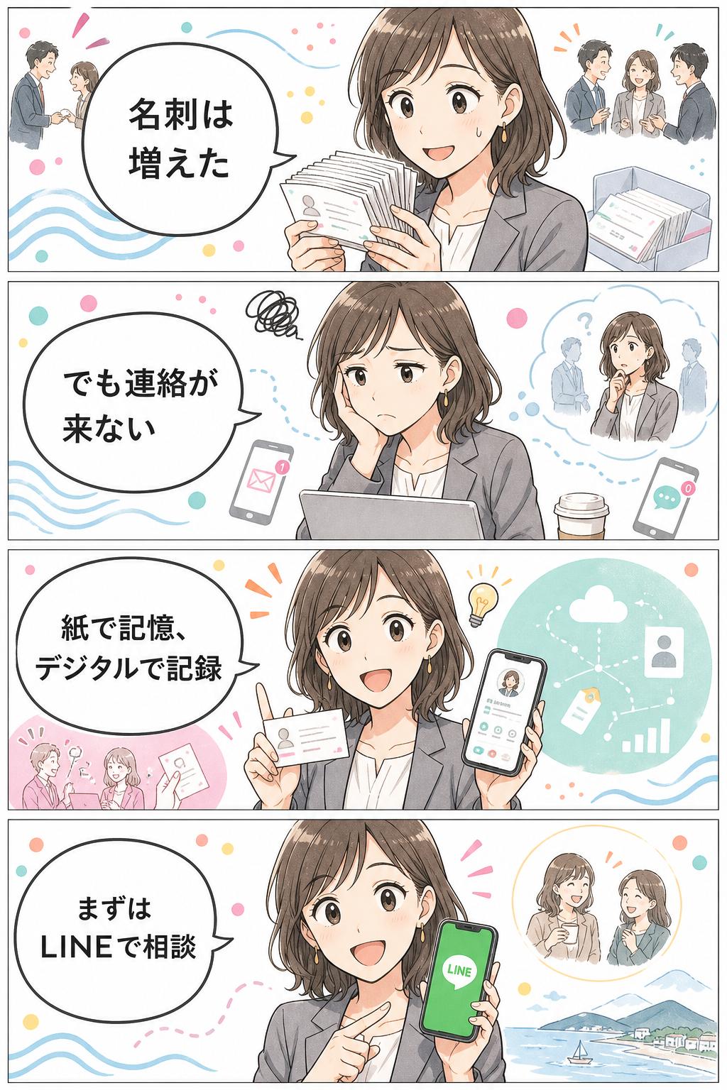 名刺交換しても連絡が来ない悩みから公式LINE相談へ進む4コマ漫画